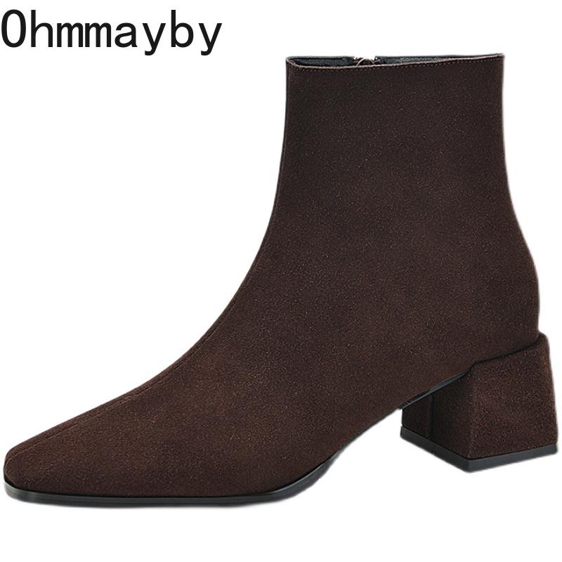 Винтажные замшевые женские ботильоны Модные ботильоны на толстом каблуке Осенне-зимняя женская обувь