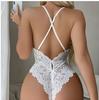 New European and American plus-size romantic lingerie, see-through sexy lace open-crotch backless halter bow one-piece lingerie