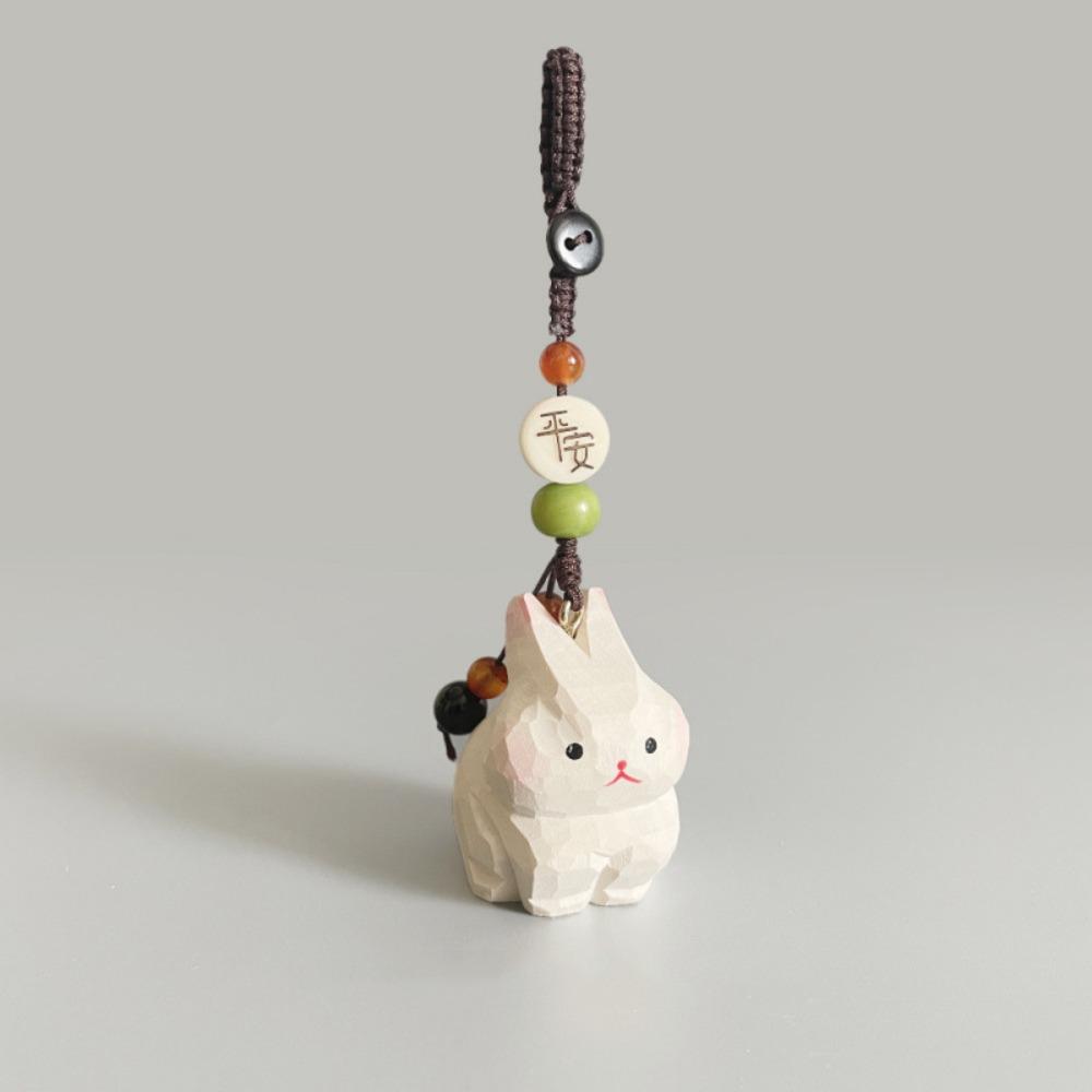 Weave Rope Wooden Carved Rabbit Keychain Beads Car Keyring Cute Wood Rabbit Dolls Pendant  Students