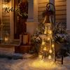 Solar Powered Yard Accents Christmas Bell Waterfall Light, LED Metal Garden Stake with Red Ribbon, Iron Art Holiday Displays Auto On/Off, Waterproof
