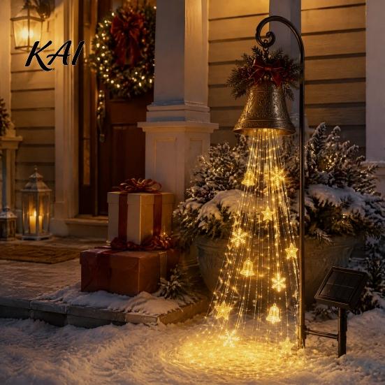 Solar Powered Yard Accents Christmas Bell Waterfall Light, LED Metal Garden Stake with Red Ribbon, Iron Art Holiday Displays Auto On/Off, Waterproof