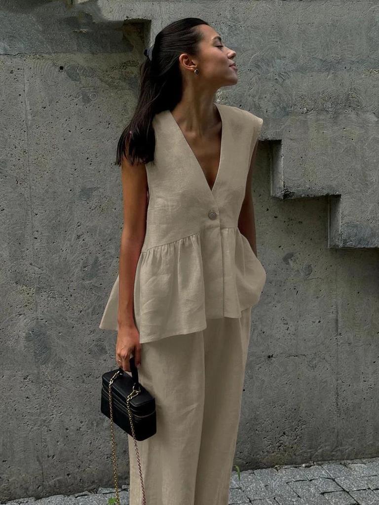 2025 European & American Style V-neck Vest & Long Pants Women's Solid Color Two-piece Set