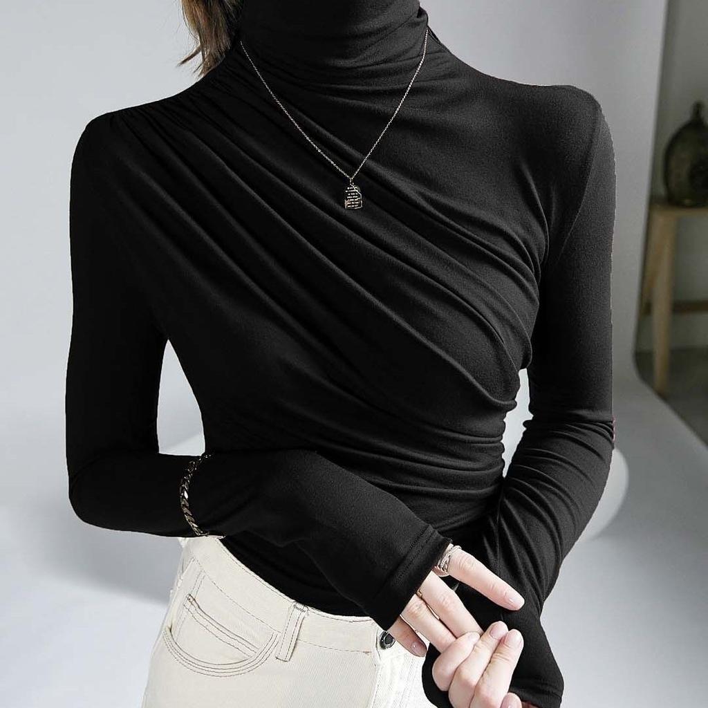 Pleated Half Turtleneck Bottoming Shirt for Women Tshirts Long Sleeve Slim Tops