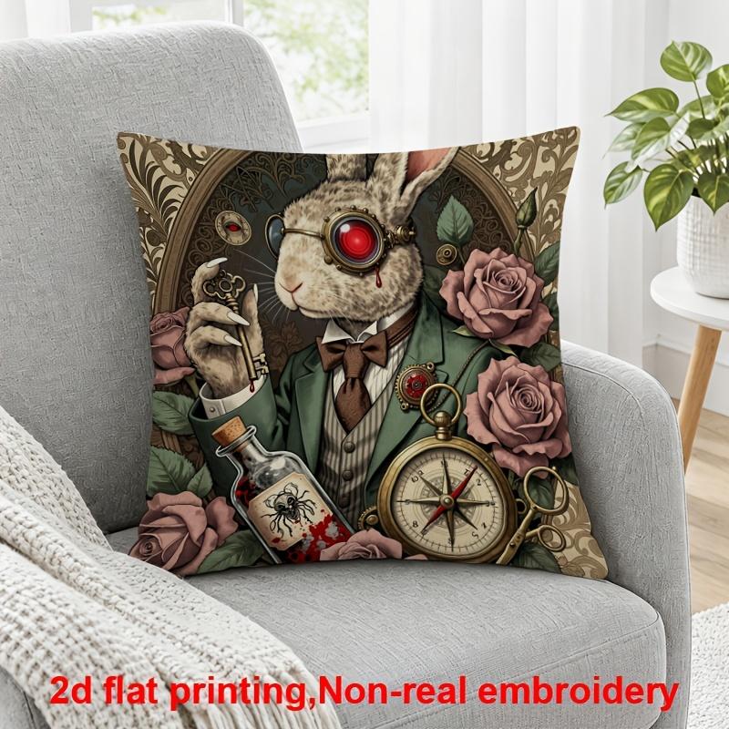 2D Flat Printing, 1pc, Steampunk Rabbit with Red-Eyed Monocle, Roses, Pocket Watch, and Blood-Stained Key, Pillow Cover, Polyester, Suitable for Sofas
