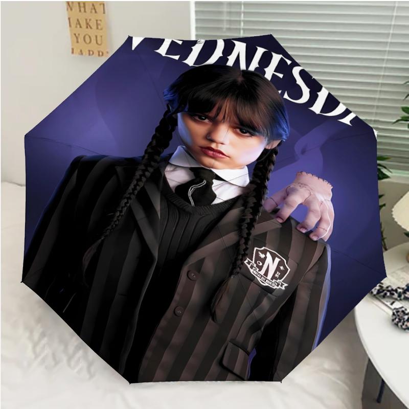 Wednesday Addams Print Automatic Umbrella, 8 Rib Iron Frame, Plastic Handle, Suitable for Outdoor Travel &Daily , Ideal Gift