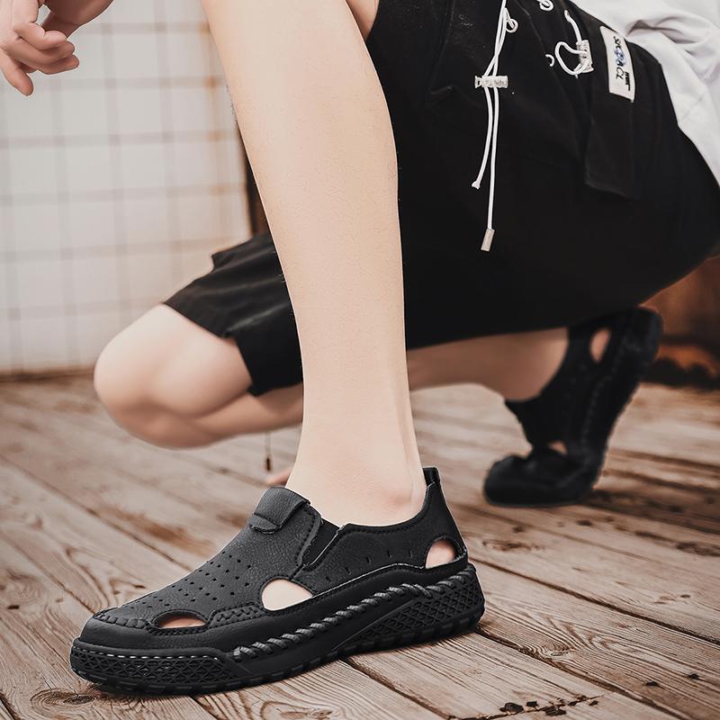 Мужские кожаные сандалии без застежек, прочные сшитые вручную туфли с закрытым носком, нескользящие туфли для использования в помещении, на открытом воздухе, на пляже