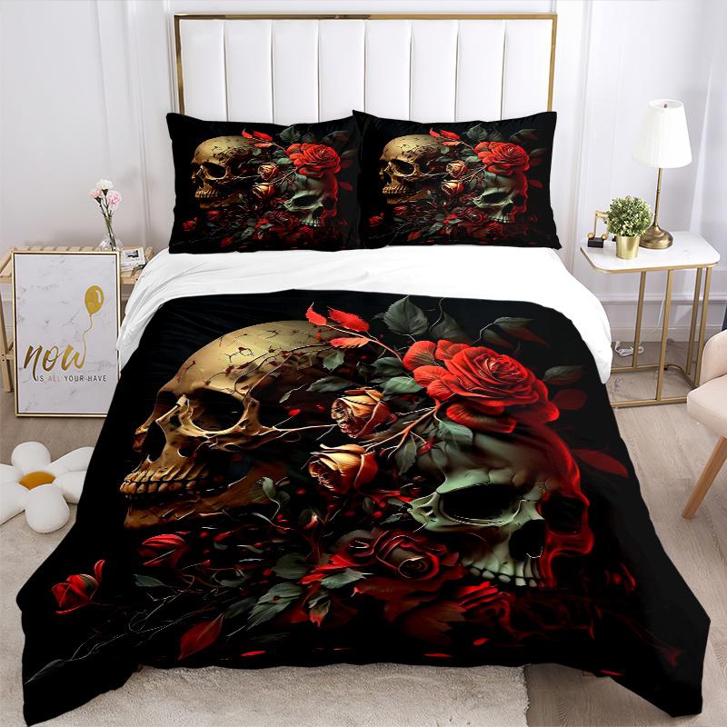 3pcs Skulls in Bloom Bedding Set, Including 1 Quilt Cover and 2 Pillow Shams, Without Filling,