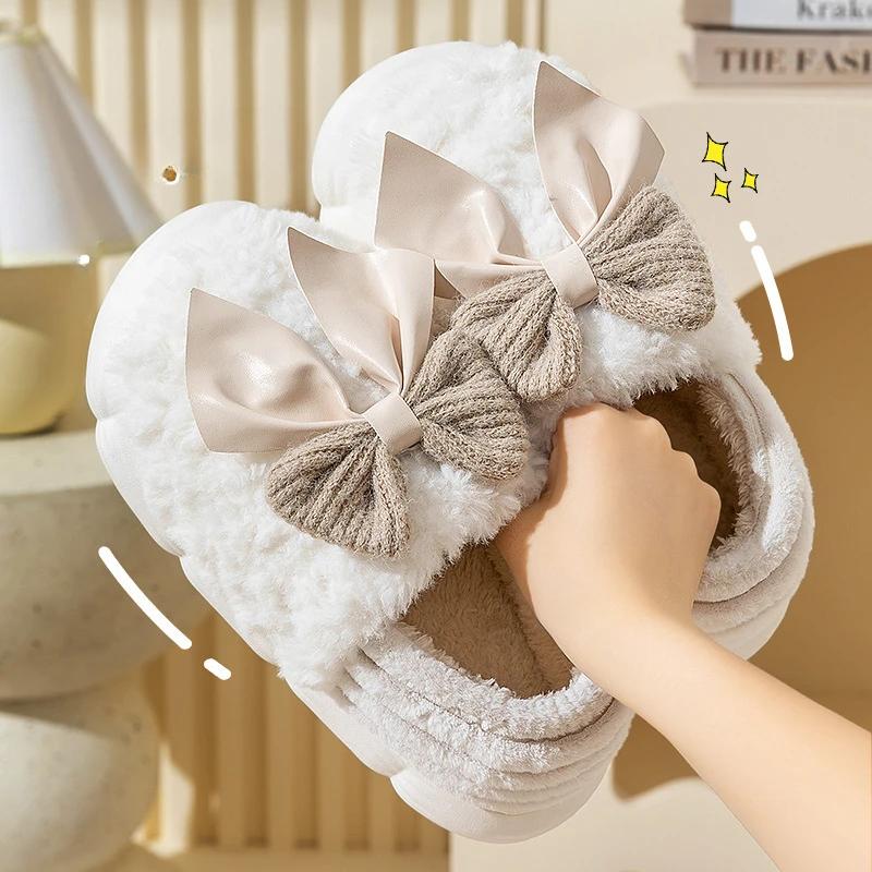 Женские хлопковые тапочки 2024 года, зимние новые домашние теплые плюшевые пушистые удобные нескользящие уличные хлопковые туфли с бабочкой