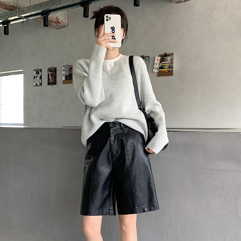 Women's Black Faux PU Leather Shorts High Waist Wide Leg Loose Pants Female Trousers