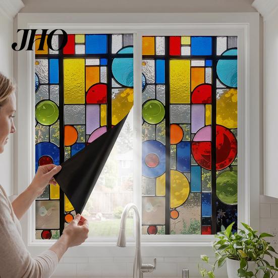 Easy Install Glass Sticker Static Cling Window Film, Full Blackout, Colorful Geometric Privacy UV Blocking, Reusable Heat Insulation for Home