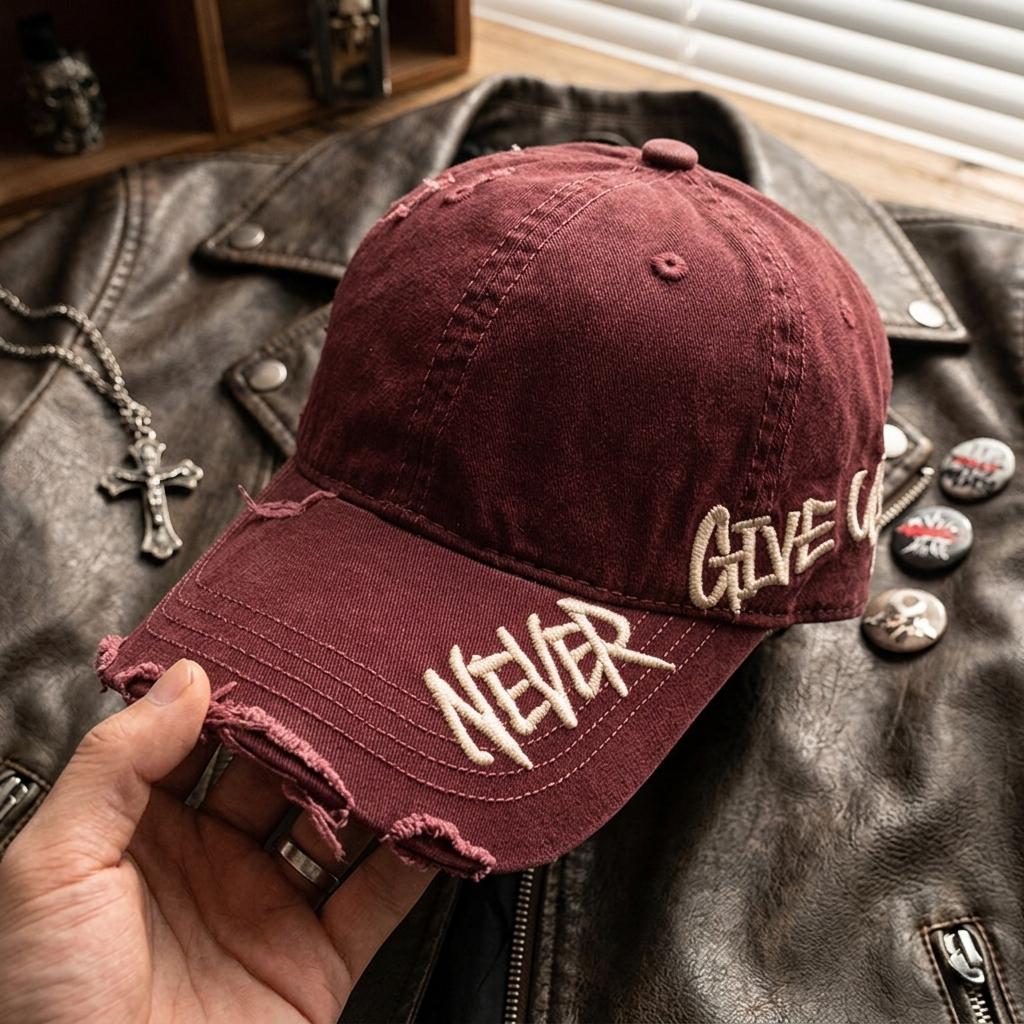 Embroidered Cross Washed Baseball Cap with Holes Punk Style Adjustable Streetwear Hat for Unisex