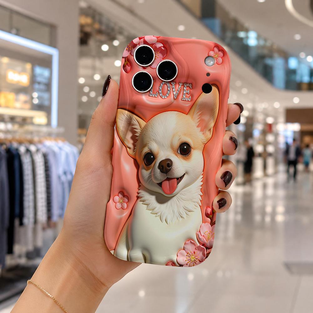 Chihuahua Cherry Blossom LOVE Rhinestone Wavy Edge Phone Case For iPhone 16 15 14 Pro Max 13 12 11 Mini XR XS SE 2020 7 8 Plus Air Cover