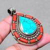 Chunky Vintage Nepal Pendant 2.1" Natural Turquoise Coral Boho Statement NP 2512
