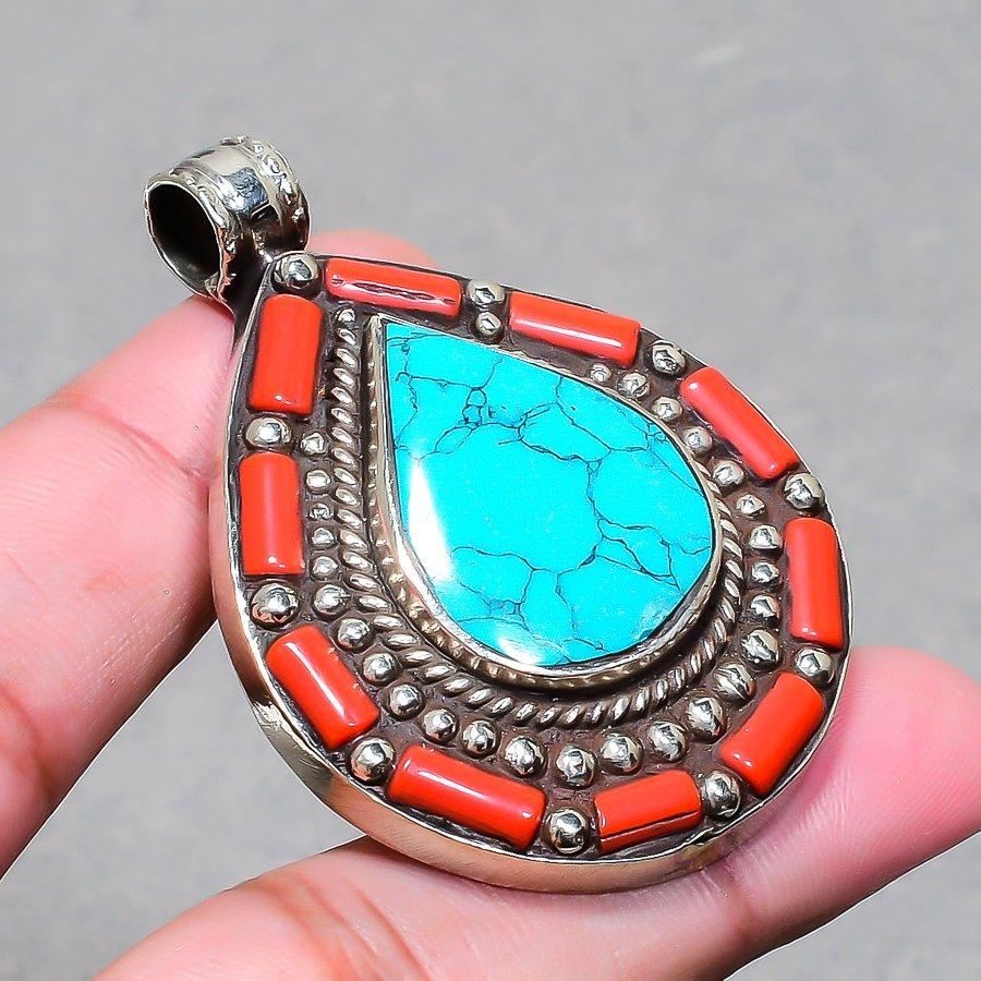 Chunky Vintage Nepal Pendant 2.1" Natural Turquoise Coral Boho Statement NP 2512