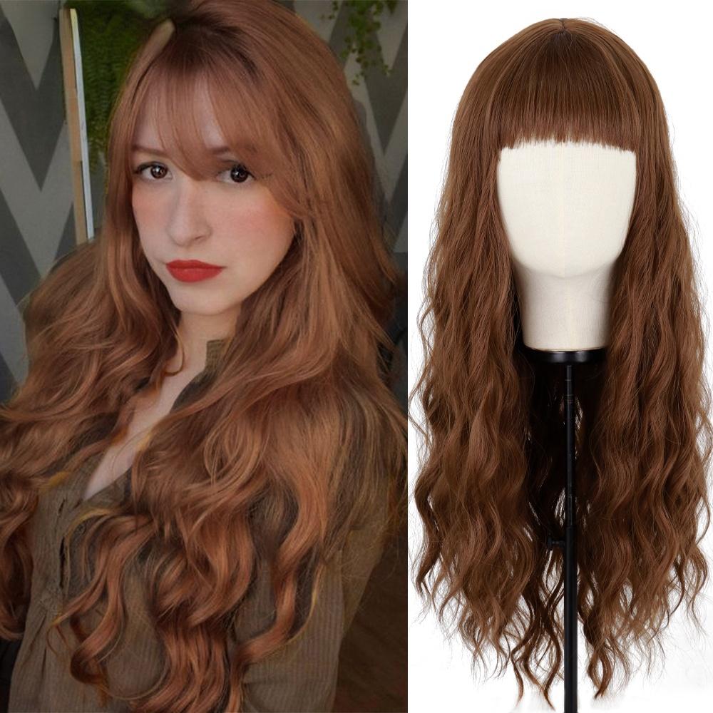 MERISIHAIR Long Ombre Synthetic Orange Red Black Pink Wigs with Bangs Water Wave Synthetic Heat Resistant Fiber Wigs for Women