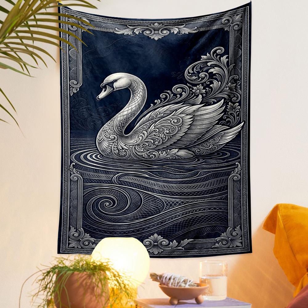 Decorative Wall Tapestry - Ornate White Swan Baroque Engraving Navy Blue Elegant Art Living for Bohemian Home