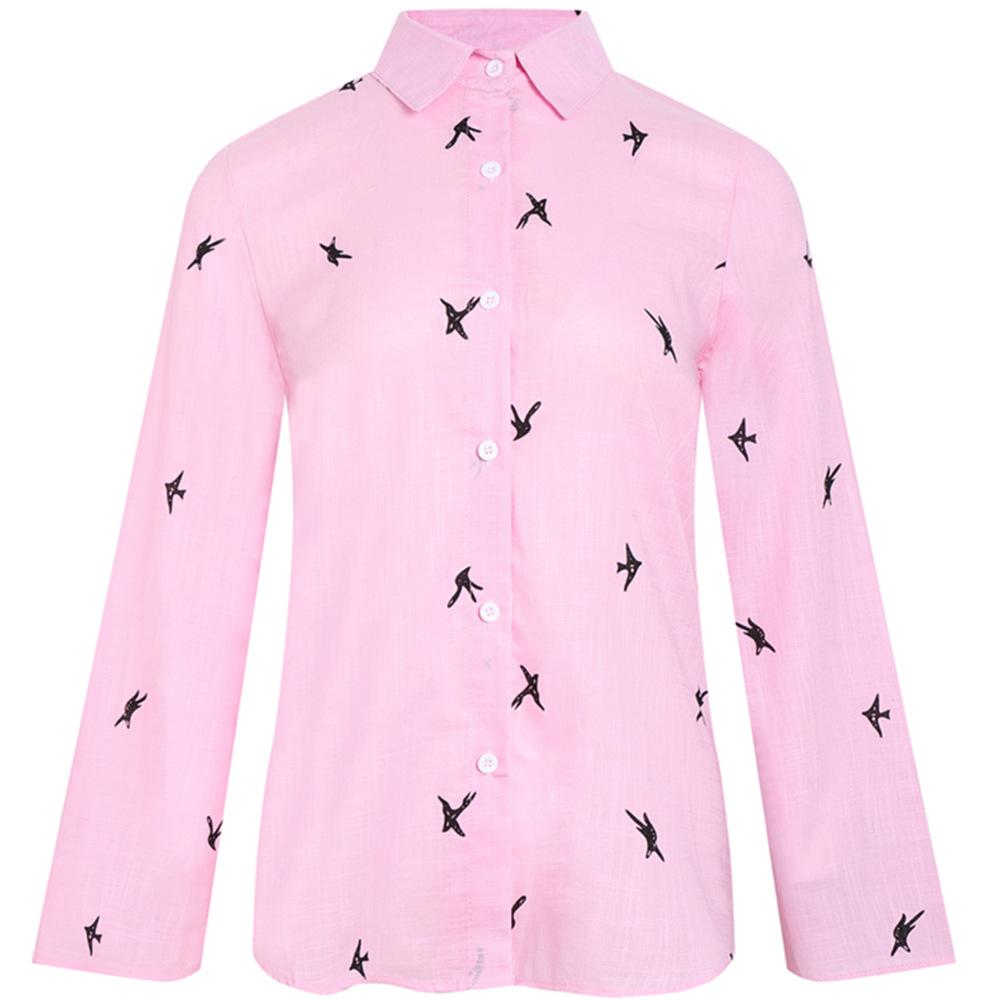 Весенне-осенние женские хлопковые льняные топы, рубашка на пуговицах с лацканами, большие размеры, свободные рубашки с длинными рукавами с принтом птиц