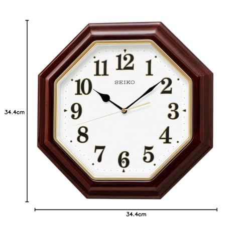 Seiko Часы KX251B, Аналоговые настенные часы с радиоуправлением, Восьмиугольные, Деревянная рама, Темно-коричневое глянцевое дерево, Диаметр 34,4 x 34,4 x 4,8 см