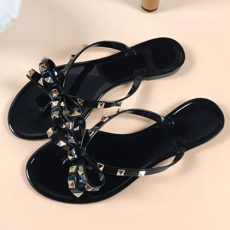 Fashion Woman's Sandals Flats Fashion Woman Flip Flops Summer Slippers Cool Beach Rivets Bowknots Flats Jelly Shoes PVC