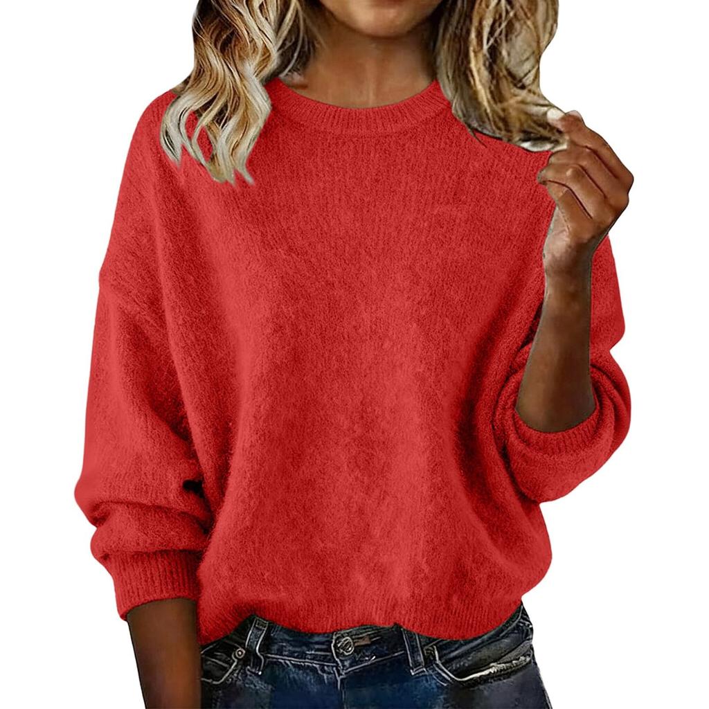 Women's Fashion Casual Loose Pullover Solid Color Round Neck Long Sleeve Knit Sweater