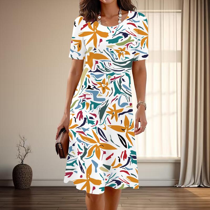 Женская мода изящный леопардовый принт принт лето весна короткий рукав О-образный вырез повседневные платья