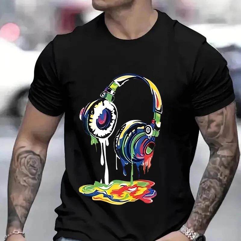 Summer Men's Oversized Clothing Hip Hop Melting Headset Graphic Tee Shirt Men Casual Streetwear Funny Printed Tops Cool T-shirt