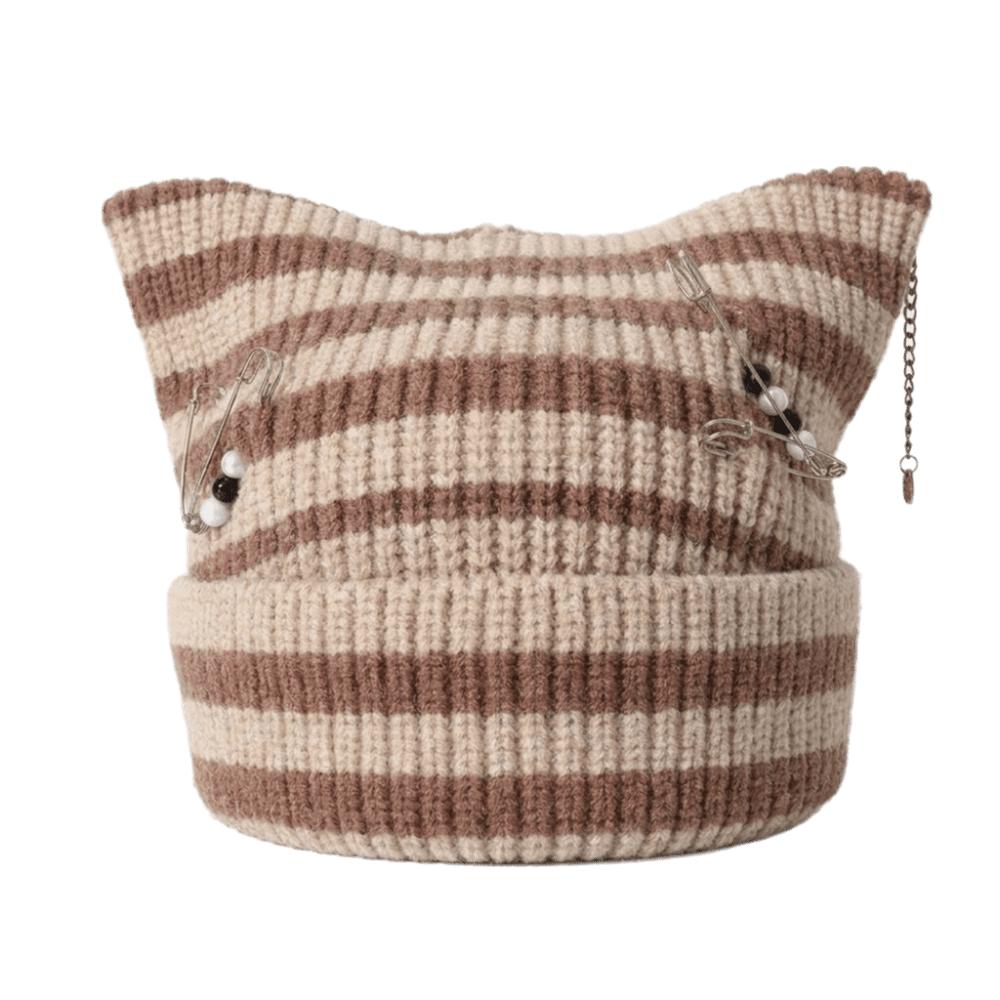 Thickened Knitted Striped Hat Polyester Warm Hat Cute Cat Ear Beanie Daily Wear
