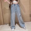 Джинсы с высокой талией для девочек, прямые свободные широкие брюки, весенне-осенние корейские мешковатые джинсы, модные детские джинсовые брюки