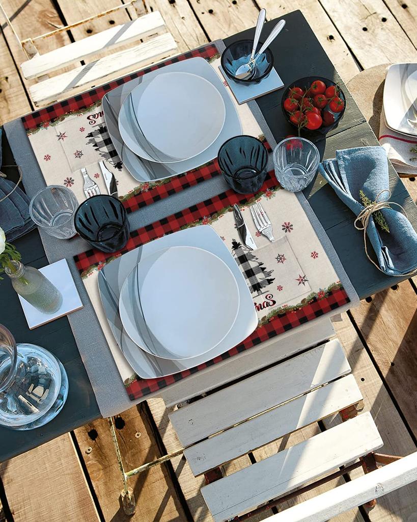 Рождественская елка Буффало Клетка Подставки под тарелки Набор из 5 Рождественские подставки под тарелки Подставки для обеденного стола Кухонный стол Вечеринка Домашнее украшение