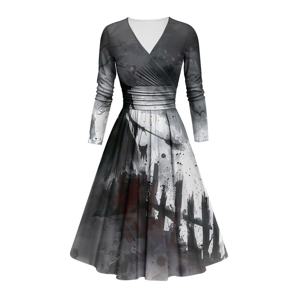 Women's Fashion V Neck Ruffle Long Sleeve Halloween Print Slim Fit Gown Casual Dress