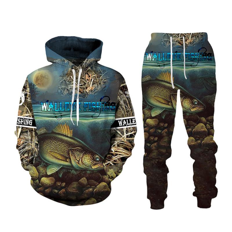 Весна-Осень с 3D принтом рыбы для мужчин и женщин толстовка + брюки комплекты из 2 предметов камуфляжная одежда для рыбалки, охоты и кемпинга модная спортивная одежда на открытом воздухе комплект