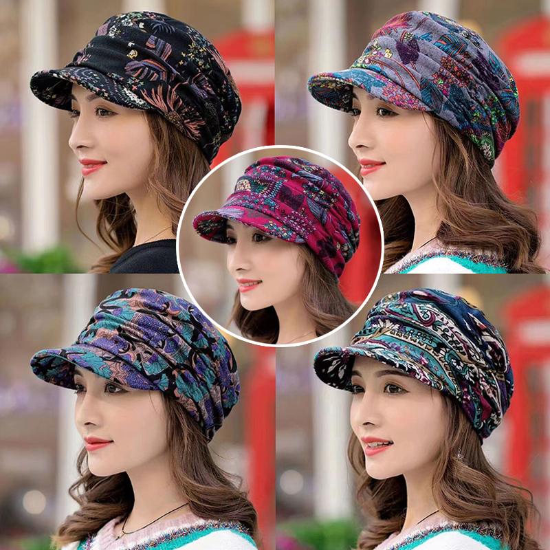 Women Keep Warm Turban Visor Hat Floral Print Windproof Cap Wide-Brimmed Cap Winter Warm Fashion