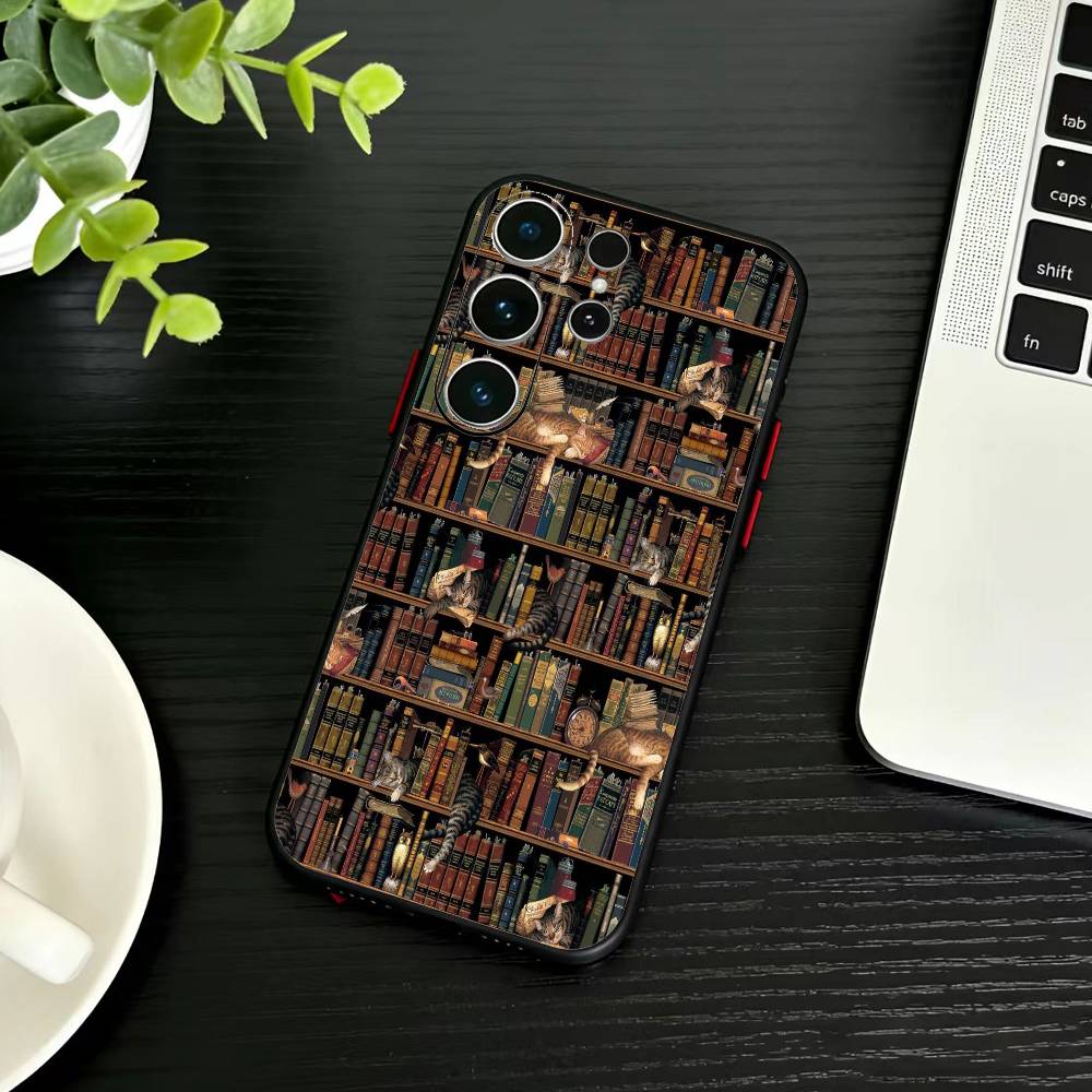 Винтажная книжная полка Кот Чехол для телефона Для Samsung S26,S25,S24,S23,S22,S21,S20,Plus,Fe,Lite,Другие Черный Чехол