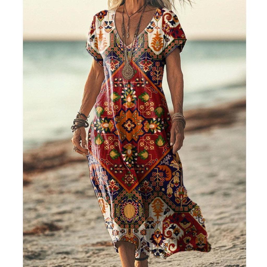 Bohemian Retro Print Raglan Sleeve Summer Maxi Dress