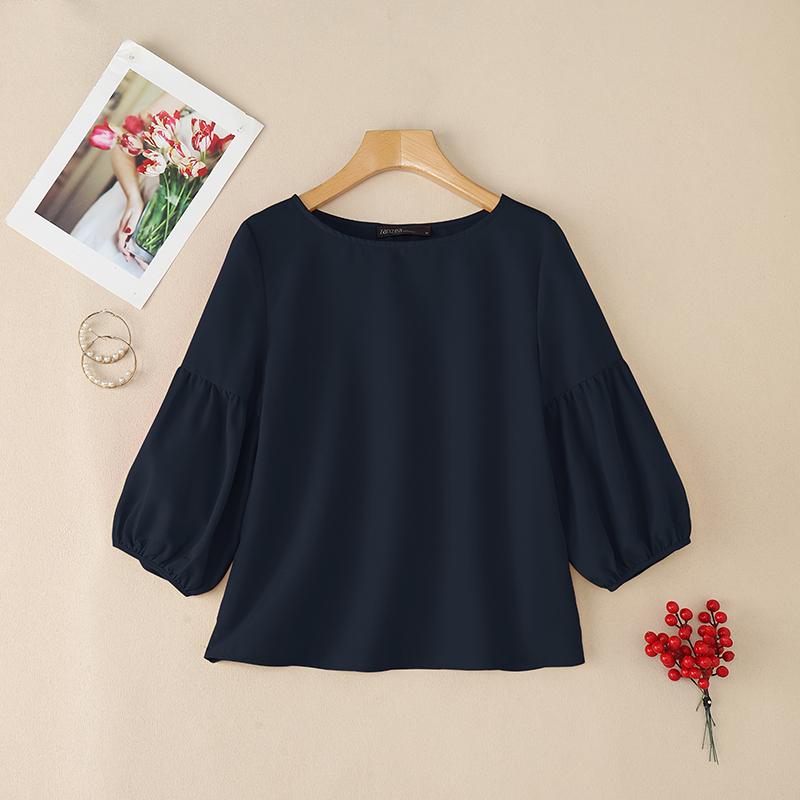 ZANZEA Женская летняя блузка с круглым вырезом, свободного кроя, с рукавом 3/4, однотонная