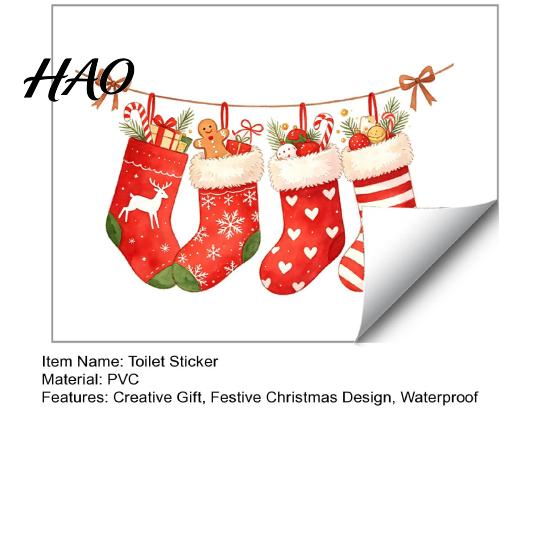 Holiday Home Interior Decorations Christmas Stocking Toilet Stickers, Waterproof PVC Bathroom Decals for Festive Wall Decor Decoration, Red Watercolor