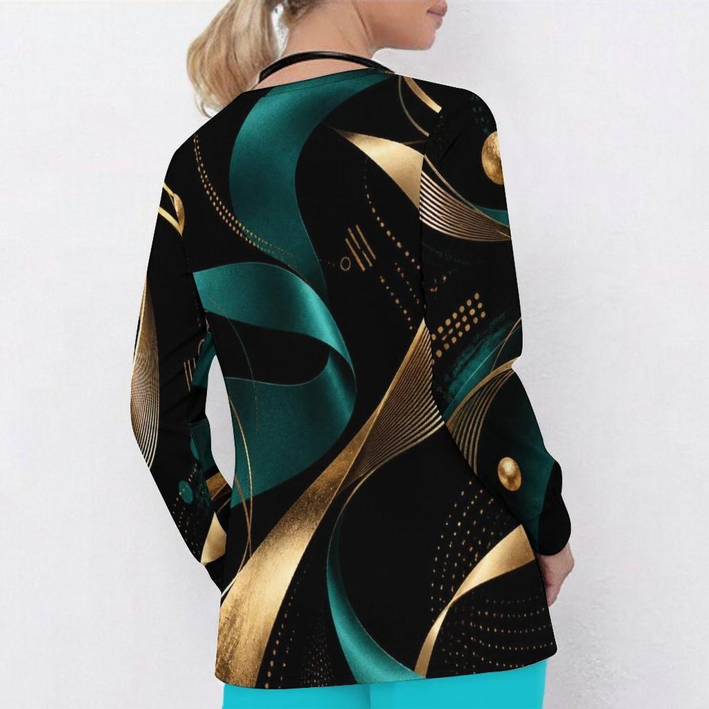 Women Plus Size Black Blue Printed Scrub Top V Neck Long Sleeve With Pockets