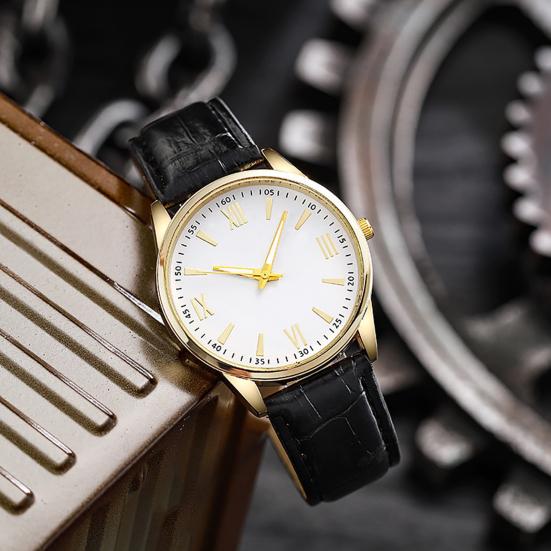 Men Business Watch Round Dial Faux Leather Strap Quartz Movement Teens Adults Formal Dress Wristwatch Fashion Jewelry Accessory