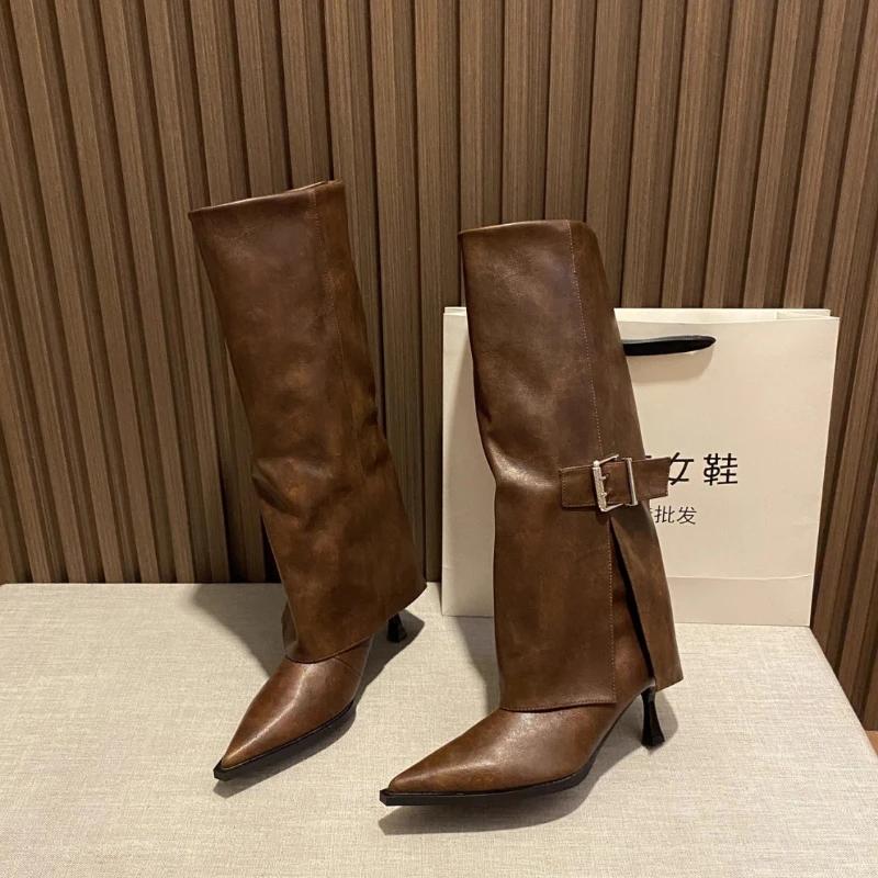 Острый носок женские высокие сапоги на высоком каблуке кожаные женские туфли 2025 тренд зимние гладиаторы сексуальные до колена челси Botas De Mujer