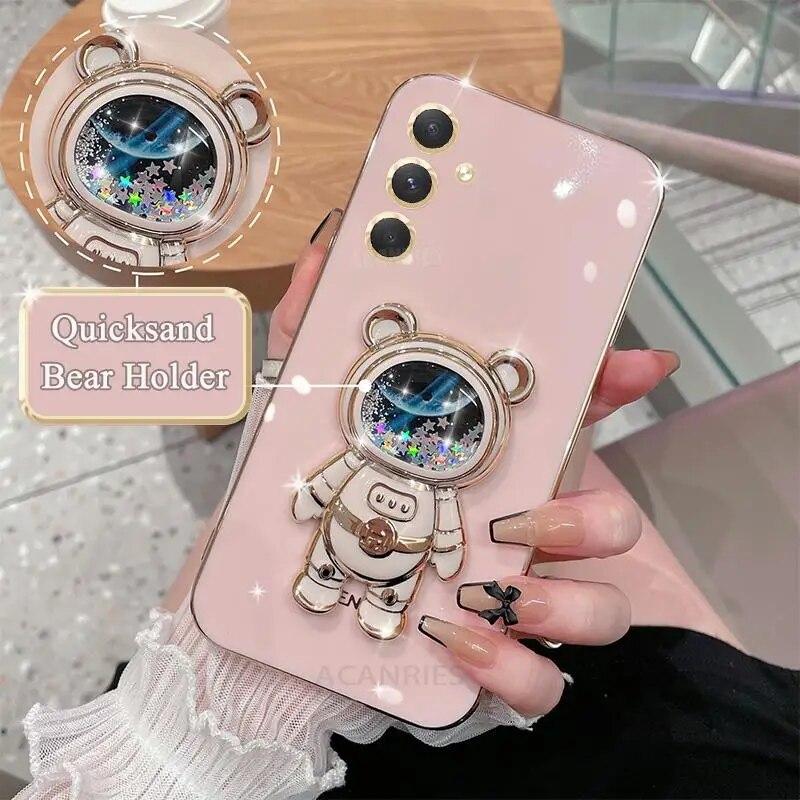 23 A M 14 54 52 Glitter Quicksand Holder Plating Case For Samsung Galaxy A54 A34 A14 A24 A04s M54 M14 M23 Silicone Stand Cover