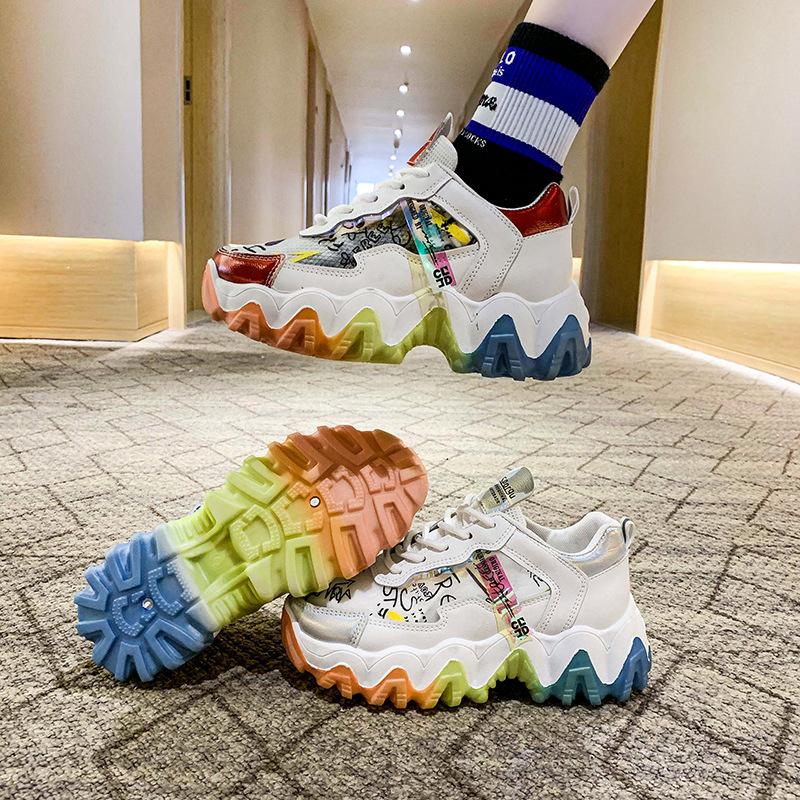 Fashion Rainbow Color Women Chunky Sneakers 7cm Lace-up Platform Casual Shoes Woman Vulcanize Shoes Designer Dad Sneakers