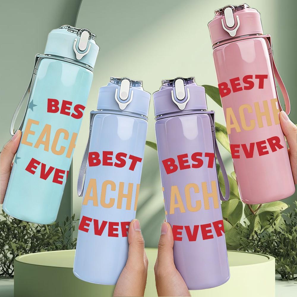1PC Best Teacher Ever Star Text 750ml Color Plastic Sports Water Bottle Leakproof Flip Straw Lid Suitable for Sports Office Home Use