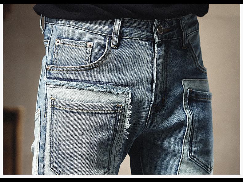 Мужские модные облегающие джинсы в стиле пэчворк с множеством карманов и контрастными цветными заплатками