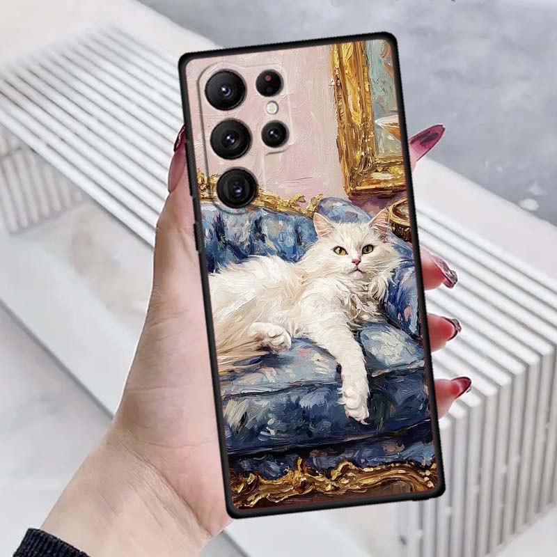 Милая мультяшная кошка Иллюстрация Чехол для телефона Для Samsung Galaxy S26 S25 S24 S23 S22 S21 S20 Ultra Plus FE 5G Черный Мягкий ТПУ