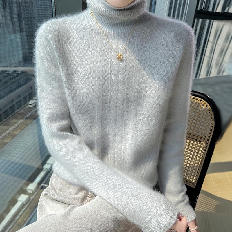 Women's High Neck Cable Knit Wool Sweater - Slimming Long Sleeve Cashmere Top