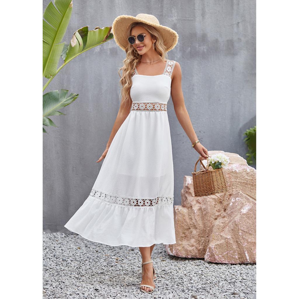 Женское весенне-летнее модное однотонное пляжное праздничное платье без рукавов с квадратным вырезом и бретельками из полого кружева