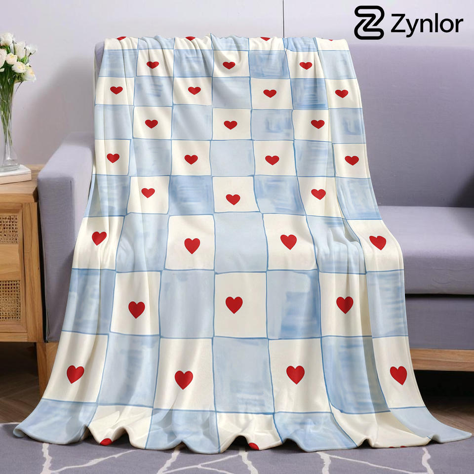 Blue Heart Checker Lightweight Microfiber Soft Christmas Fleece Blanket Warm Cozy Throw for Bed Sofa Office Travel All Season