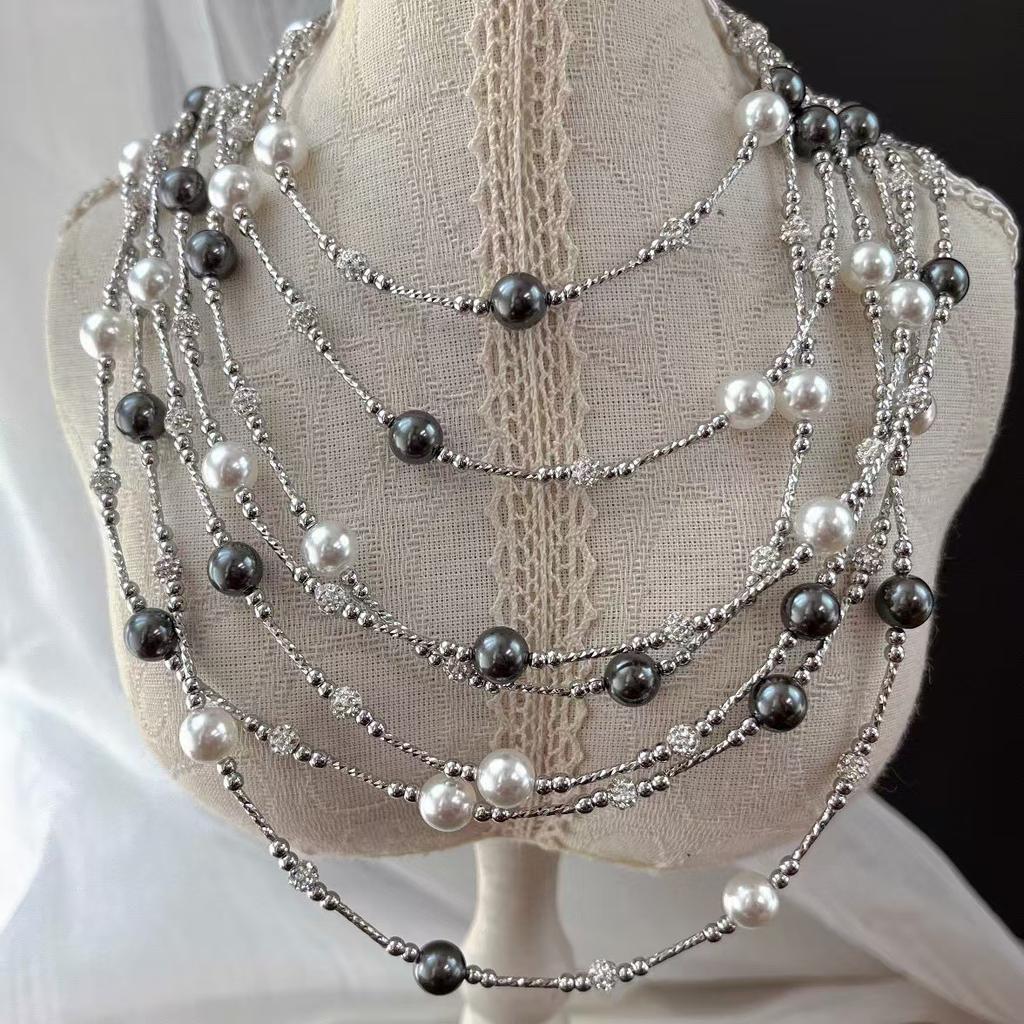 Vintage Dark Night Black Cold White Faux Pearl Sweater Chain Necklace Collarbone Chain