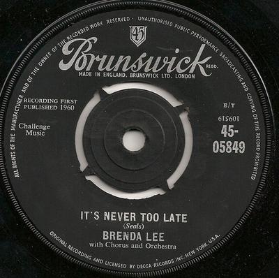 7-дюймовая пластинка BRENDA LEE Its Never Too Late You Can Depen 4505849 BRUNSWICK 1960 UK Поп Б/у