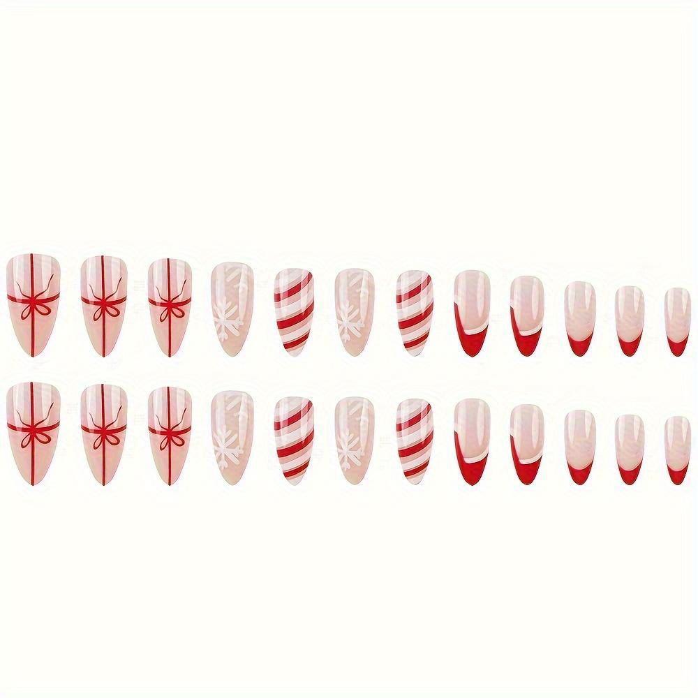 24 Pcs French Press On Nails Almond Christmas Hat Red and White Striped Bow Snowflake False Nails Kawaii Fake Nails Medium